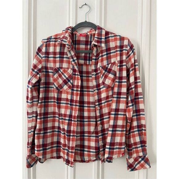 Eastern Mountain Sports Tops - Eastern Mountain Sports cream orange red and blue plaid flannel button down shir